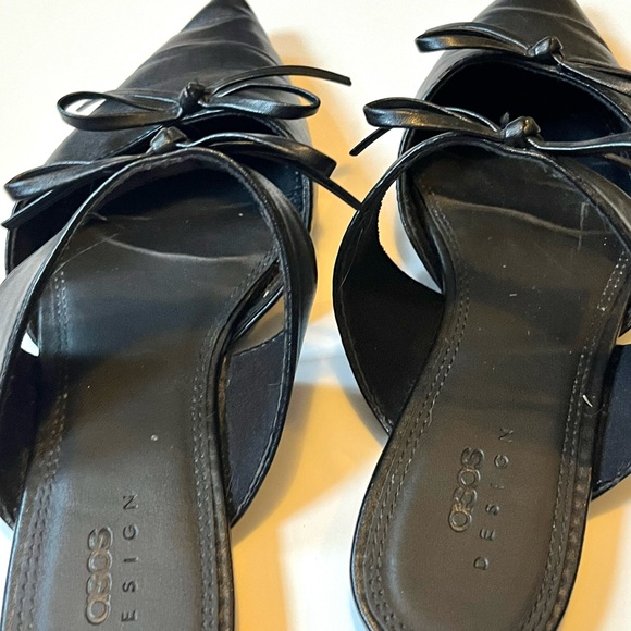 ASOS • adorable black faux leather pointed bow slip on flat mules - Picture 13 of 16